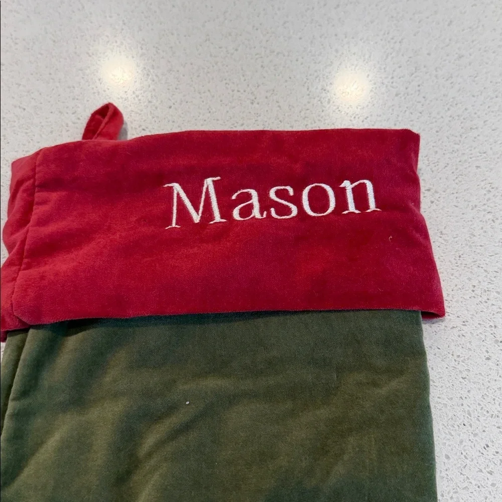 Pottery Barn NWT Velvet Large Stocking Embroidered with “MASON” in Red and Green